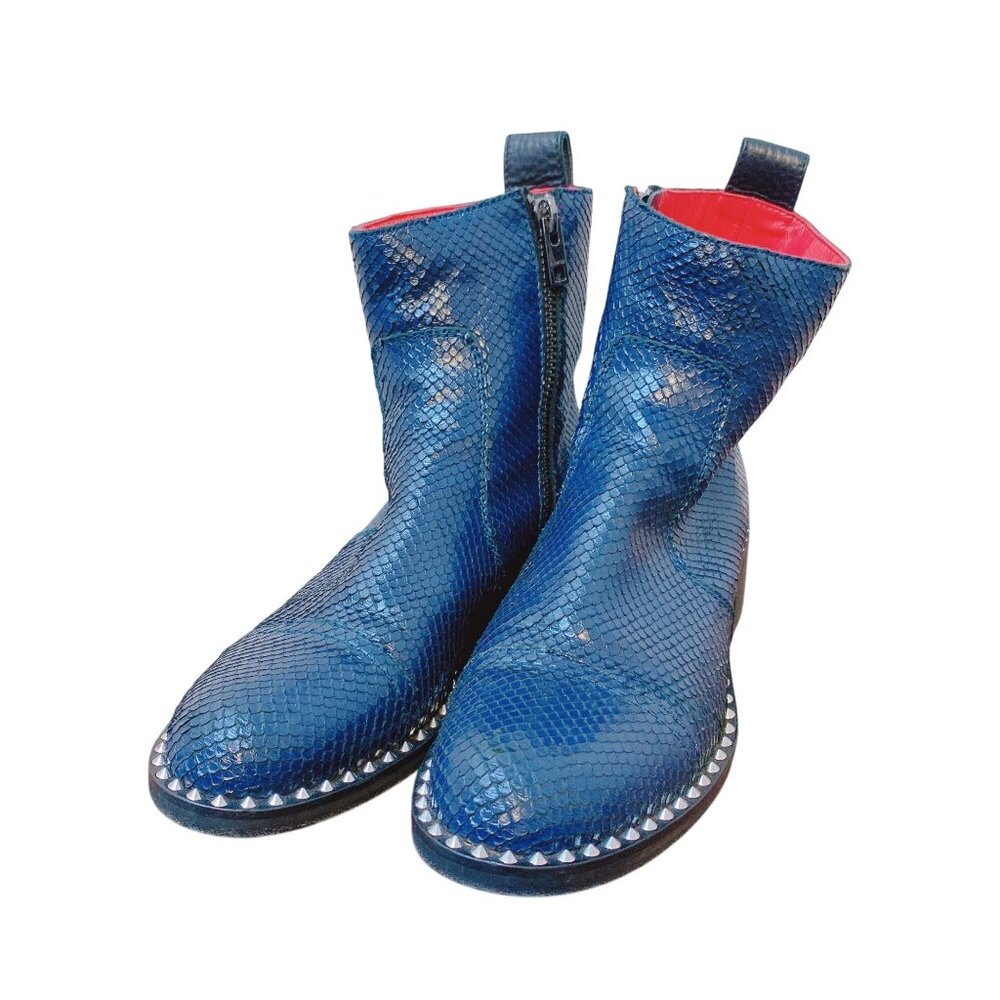 Zadig & Voltaire Studded Navy Snakeskin Leather Ankle Boots Side Zip Size 9.5/40